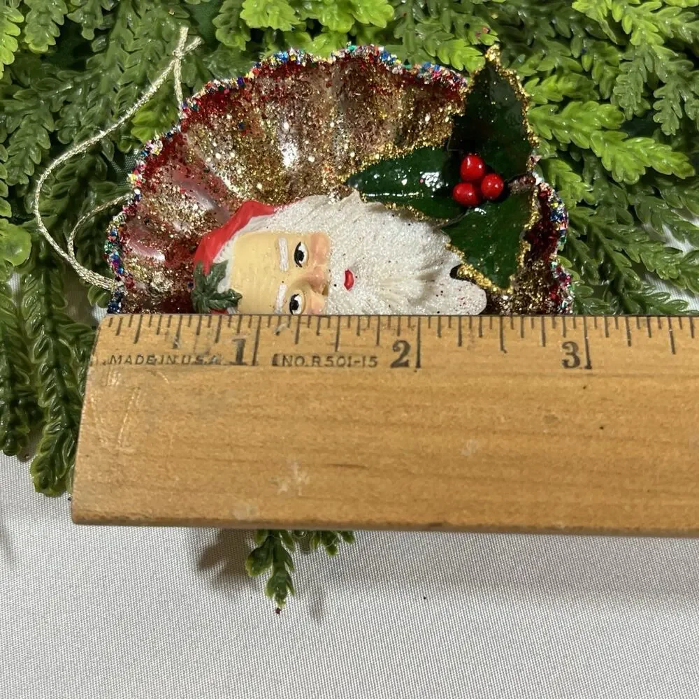 Vintage Round Tart Tin Old World Santa Diorama Mid Century Glitter Ornament